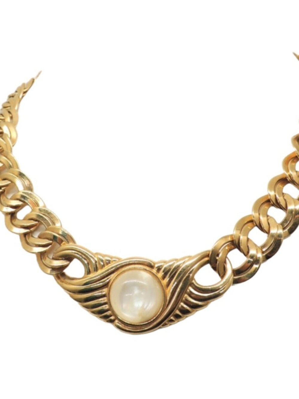 Vintage Signed Monet Goldtone Cabochon Faux-Moonstone Collar Necklace